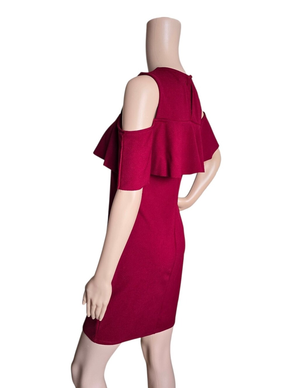 Cold-Shoulder Ruffle Sheath Dress in Deep Red - Picture 10 of 16